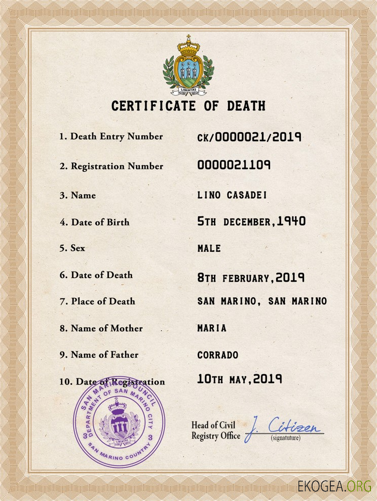 Modèle PSD de certificat de décès de l'état civil de Saint Marin